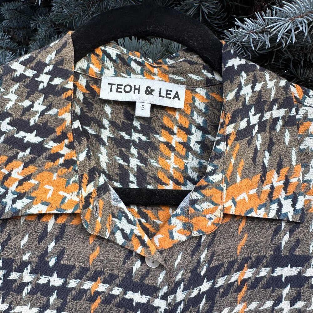 Teoh & Lea Button Down Houndstooth Viscose Blouse Yellow Green Brown Size S